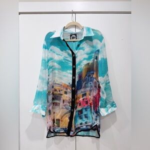 Y2K Australian-Made Boutique 100% Silk Blouse artistic print, cityscape scenic